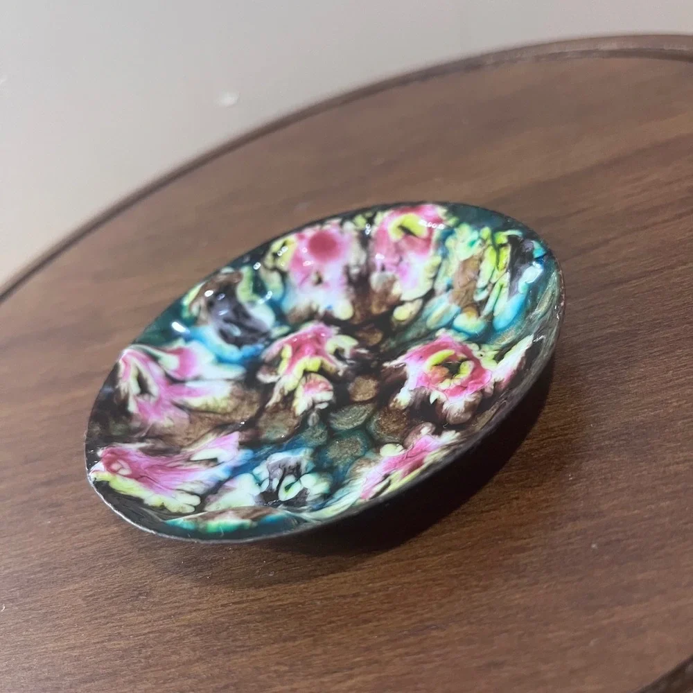 Vtg Enamel on Copper Small Round Trinket Dish Abstract Pink Blue Green 3.75